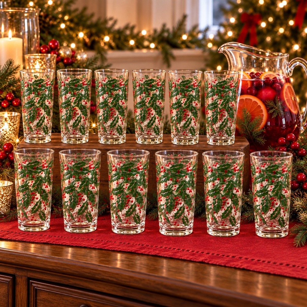 VTG Indiana Glass Bartlett-Collins Snow Holly Christmas Glasses 12 3D Tumblers